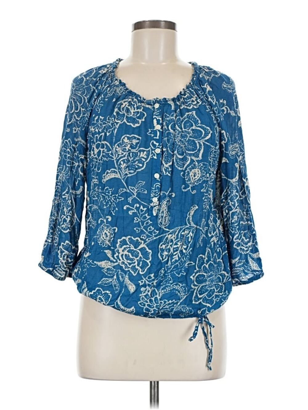 Lucky Brand Blue Cream Avalynn Gardens Floral Quarter Sleeve Peasant Blouse XL